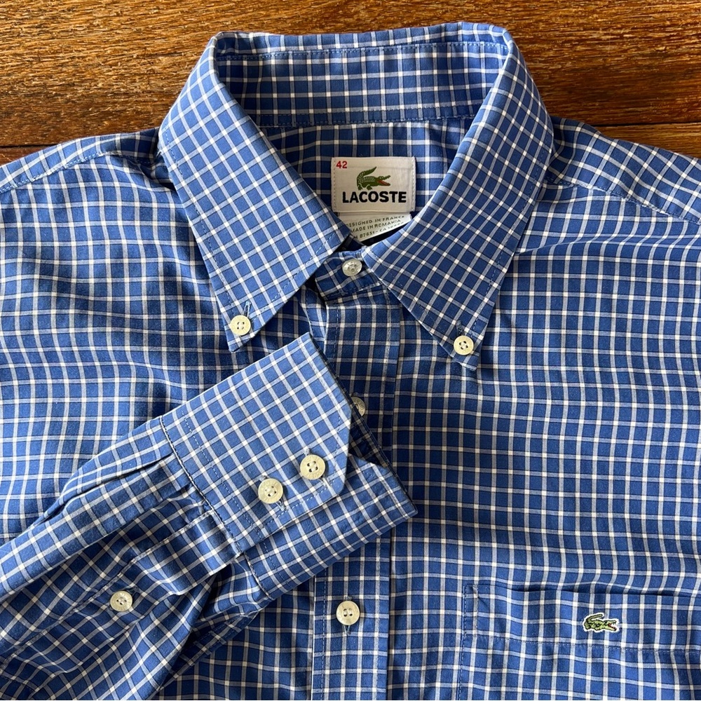 Lacoste men's long-sleeve button-down shirt blue white check cotton Large